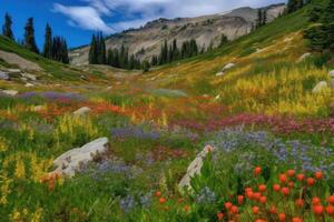 ai gerado vibrante cores do a flores silvestres pontilhado a panorama trazer vida para a região selvagem. foto