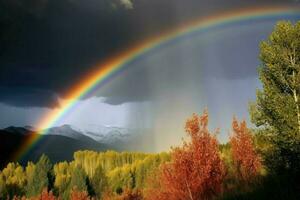 ai gerado arco Iris dentro a céu é uma deslumbrante exibição do vívido cores. foto