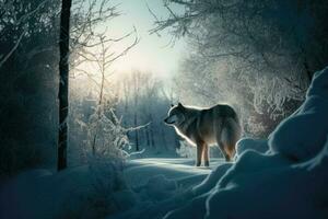 ai gerado majestoso Lobo dentro uma inverno paisagem, cercado de neve e gelado árvores foto