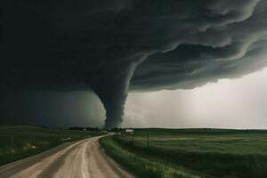 ai gerado dramático imagem do uma tornado formando dentro a distância. foto