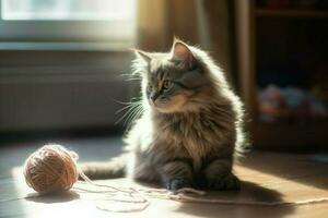 ai gerado adorável fofo gatinho jogando com uma bola do fio, dentro uma de cor pastel quarto com uma janela este vamos dentro caloroso luz solar. foto
