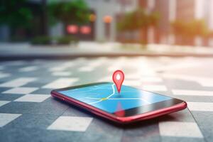 ai gerado 3d vermelho ponto em Smartphone com GPS navegador ícone e mapa em borrão tráfego estrada dentro a manhã. foto