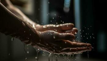 caucasiano mão derramando fresco água, espirrando gotas, refrescante 1 pessoa gerado de ai foto