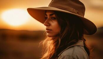 jovem mulher desfrutando natureza beleza às pôr do sol, sorridente e relaxado gerado de ai foto