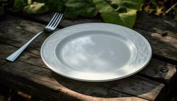 rústico de madeira mesa com fresco orgânico vegetariano refeição e talheres gerado de ai foto