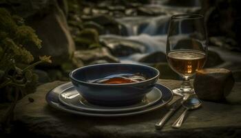 uma gourmet refeição em uma rústico mesa, cercado de natureza gerado de ai foto