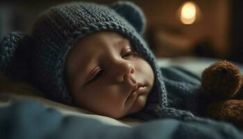 fofa bebê Garoto dormindo pacificamente embrulhado dentro caloroso tricotar cobertor gerado de ai foto