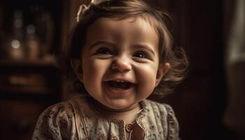 fofa criança sorridente com felicidade, alegre retrato dentro de casa, infância alegria gerado de ai foto