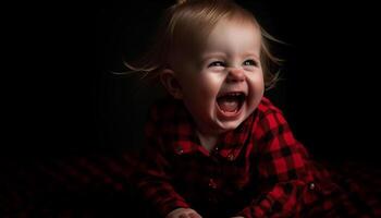 fofa caucasiano criança pequena sentado, sorridente, e rindo com azul olhos gerado de ai foto