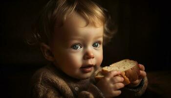 fofa caucasiano criança pequena Garoto comendo pão, sorridente às Câmera dentro de casa gerado de ai foto