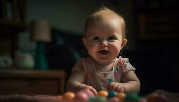 alegre bebê menina jogando com colorida brinquedos dentro acolhedor vivo quarto gerado de ai foto