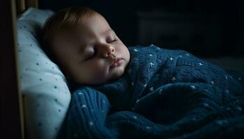 recém-nascido bebê Garoto dormindo pacificamente embrulhado dentro suave cobertor dentro de casa gerado de ai foto
