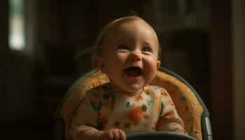 fofa caucasiano bebê menina sentado dentro cadeira, sorridente e jogando gerado de ai foto