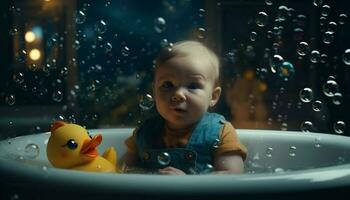alegre bebê Garoto jogando dentro banheira, cercado de bolhas e brinquedos gerado de ai foto