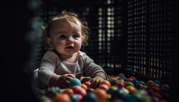 alegre bebê menina jogando com colorida bola, desfrutando Novo vida gerado de ai foto