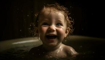 fofa caucasiano criança pequena desfrutando bolha banho, sorridente e espirrando água gerado de ai foto