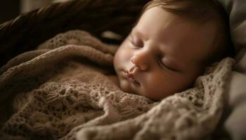 recém-nascido Garoto dormindo pacificamente embrulhado dentro suave cobertor dentro de casa gerado de ai foto