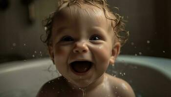 fofa caucasiano criança pequena sorridente dentro banheira, desfrutando limpar \ limpo higiene Diversão gerado de ai foto