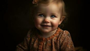 fofa sorridente criança, retrato do alegre caucasiano menina olhando às Câmera gerado de ai foto