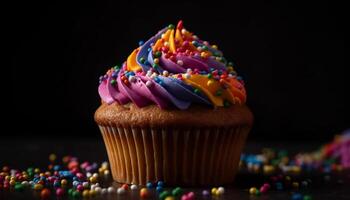 multi colori bolos de copo com chocolate glacê, perfeito para aniversário celebrações gerado de ai foto