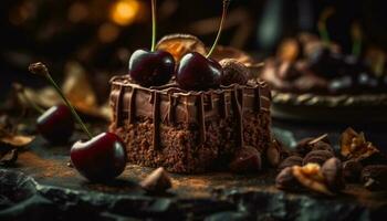 indulgente gourmet sobremesa Sombrio chocolate baga torta em rústico mesa gerado de ai foto