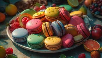 uma colorida pilha do francês macarons, uma gourmet indulgência gerado de ai foto