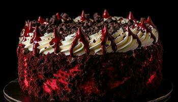 açoitado creme, chocolate bolo, baga fruta, caseiro, indulgência, celebração gerado de ai foto