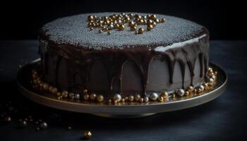 doce chocolate bolo de queijo fatia em uma Sombrio prato com decoração gerado de ai foto