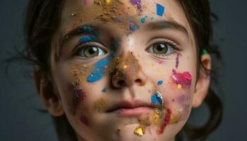 fofa caucasiano menina sorridente com colorida face pintura às festa gerado de ai foto