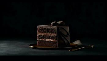 Sombrio chocolate sobremesa em de madeira placa, indulgência para doce dente gerado de ai foto