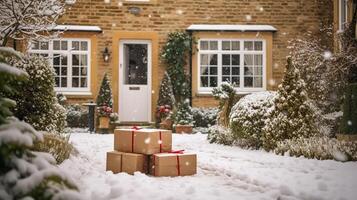 Natal presentes entrega, postal serviço e feriado apresenta conectados compras, embrulhado parcela caixas em uma país casa porta dentro uma nevando inverno, generativo ai foto