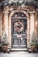 Natal feriado, país chalé e nevando inverno, guirlanda decoração em uma porta, alegre Natal e feliz feriados desejos, generativo ai foto