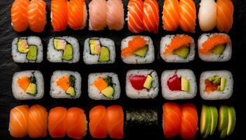 fresco frutos do mar enrolado acima dentro saudável maki Sushi gerado de ai foto