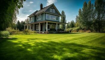 moderno luxo casa aninhado dentro exuberante verde panorama gerado de ai foto