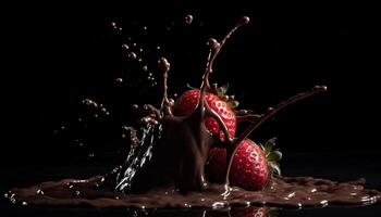 chocolate mergulhado baga, espirrando líquido, doce refresco gerado de ai foto