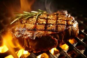 carne carne bife grelhado em fogo, Comida churrasco e quente grade, generativo ai foto