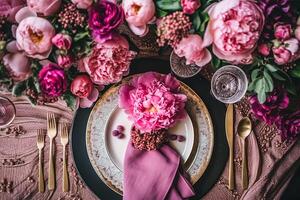 feriado paisagem de mesa, formal jantar mesa contexto, Rosa peônia mesa escapar com peônias decoração para Casamento festa e evento celebração, generativo ai foto