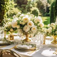 feriado paisagem de mesa, formal jantar mesa contexto, peônia flores mesa escapar com peônias decoração para Casamento festa e evento celebração, generativo ai foto