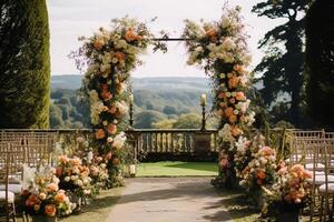 Casamento decoração, floral decoração e evento celebração, outonal flores e Casamento corredor dentro a outono jardim, país estilo, generativo ai foto