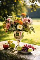 país vida, fruta jardim e floral decoração, outonal flores e outono fruta colheita celebração, país chalé estilo, generativo ai foto