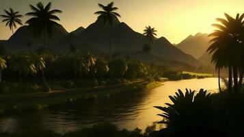 lindo pôr do sol sobre a montanha e rio, tropical ilha, generativo ai arte foto