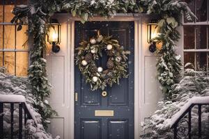 Natal feriado, país chalé e nevando inverno, guirlanda decoração em uma porta, alegre Natal e feliz feriados desejos, generativo ai foto