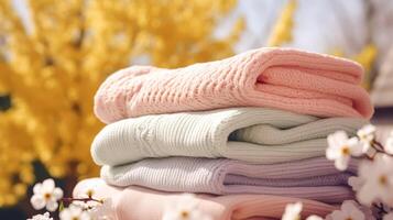 lavanderia, serviço de limpeza e tarefas domésticas, pilha do limpar \ limpo e guardada tricotado roupas dentro a interior, generativo ai foto