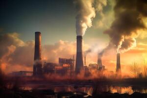 indústria metalúrgico plantar alvorecer fumaça smog emissões mau ecologia aéreo fotografia. generativo ai foto