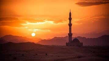 foto pôr do sol sobre deserto com muçulmano mesquita dentro a primeiro plano, muçulmano, árabe, islamismo, Ramadã, eid comemoro, muçulmano feriado. generativo ai