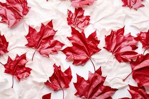 canadense bandeira vermelho folhas em branco fundo. plano deitar, topo visualizar. cópia de espaço. generativo ai foto