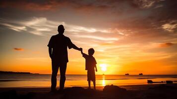 silhueta imagem pai e filho em pôr do sol praia, do pai dia conceito. generativo ai foto
