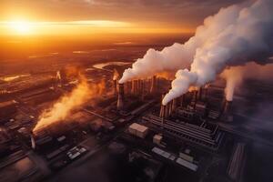 indústria metalúrgico plantar alvorecer fumaça smog emissões mau ecologia aéreo fotografia. generativo ai foto