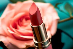 Rosa batom dentro uma dourado tubo e florescendo rosa flor, beleza Cosmético e Maquiagem produtos, generativo ai foto