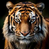 cabeça tiro do uma majestoso tigre olhando diretamente às a Câmera foto